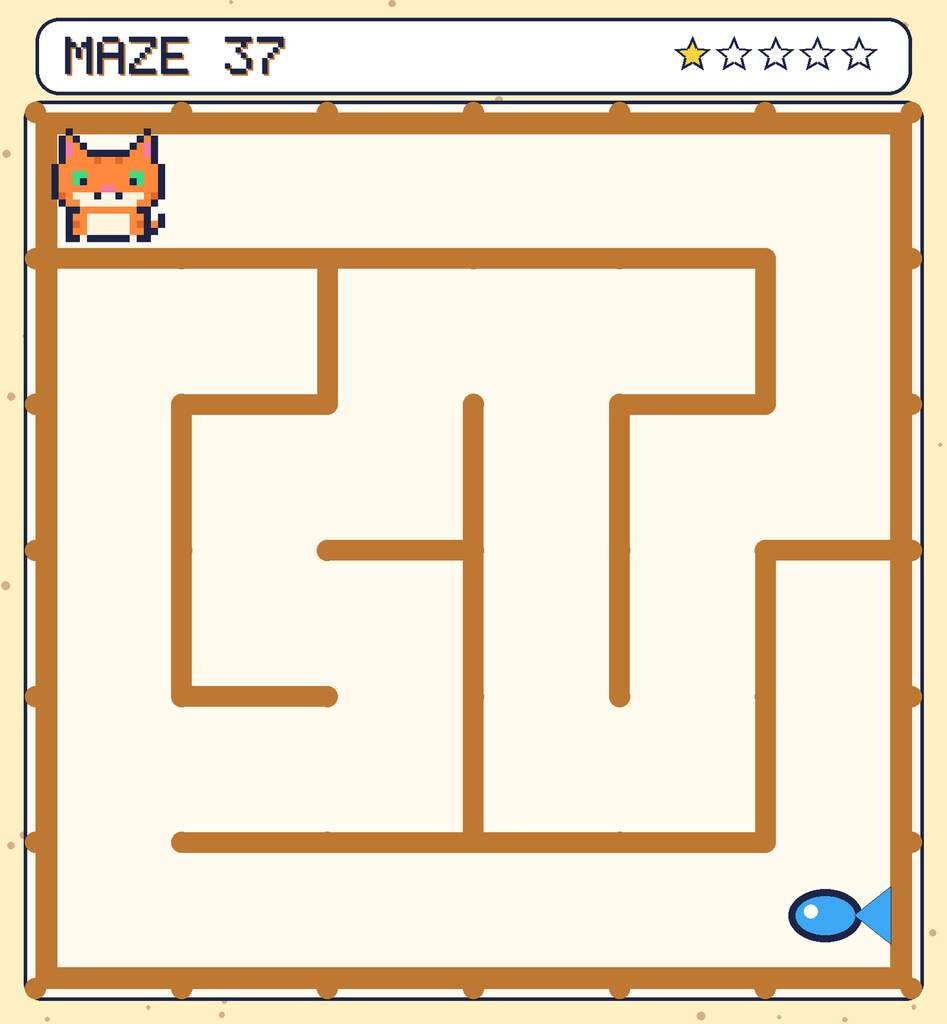 Maze 37. Pixel starts in the top-left corner. The fish is in the bottom-right corner.