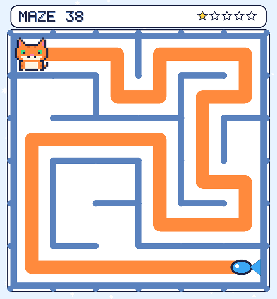 The solved maze 38 with the route drawn as an orange line.