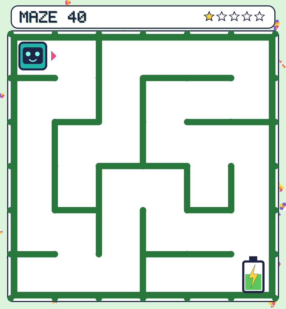 Maze 40. Beep starts in the top-left corner. The battery is in the bottom-right corner.