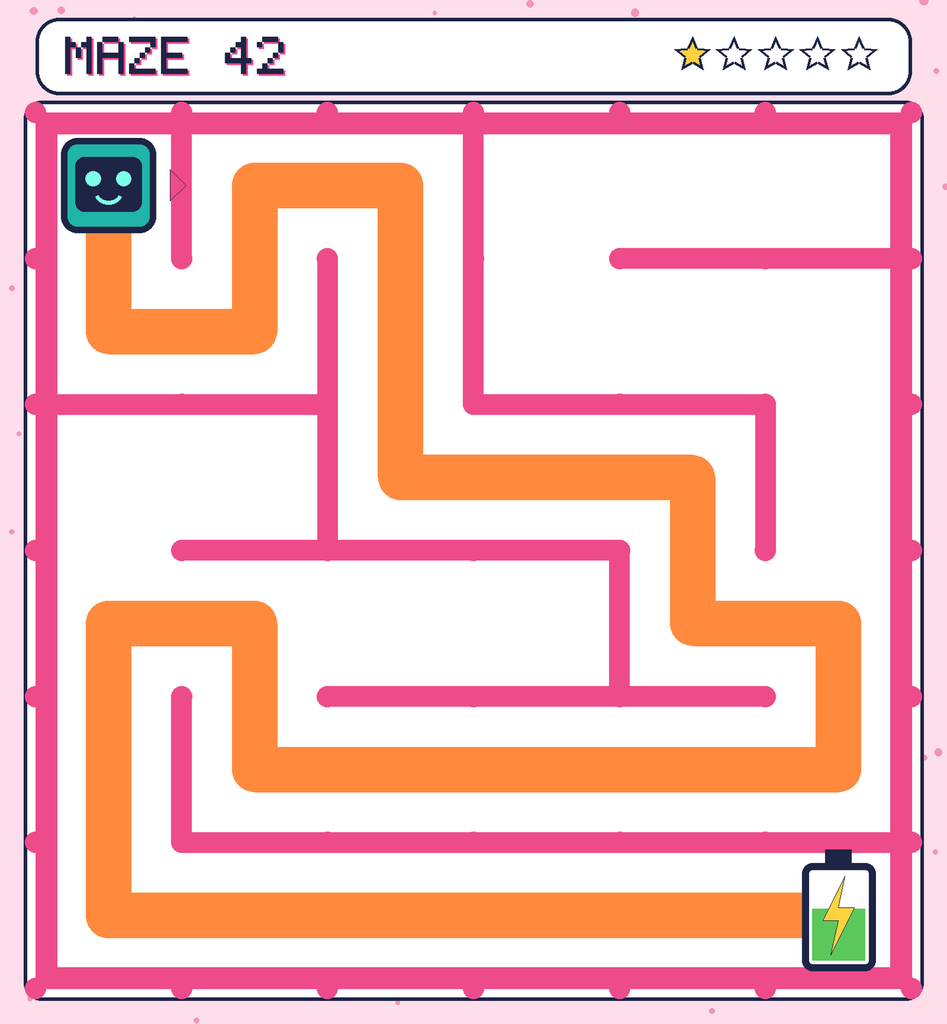The solved maze 42 with the route drawn as an orange line.