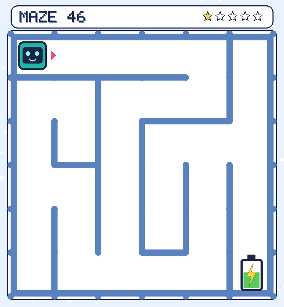 Maze 46. Beep starts in the top-left corner. The battery is in the bottom-right corner.