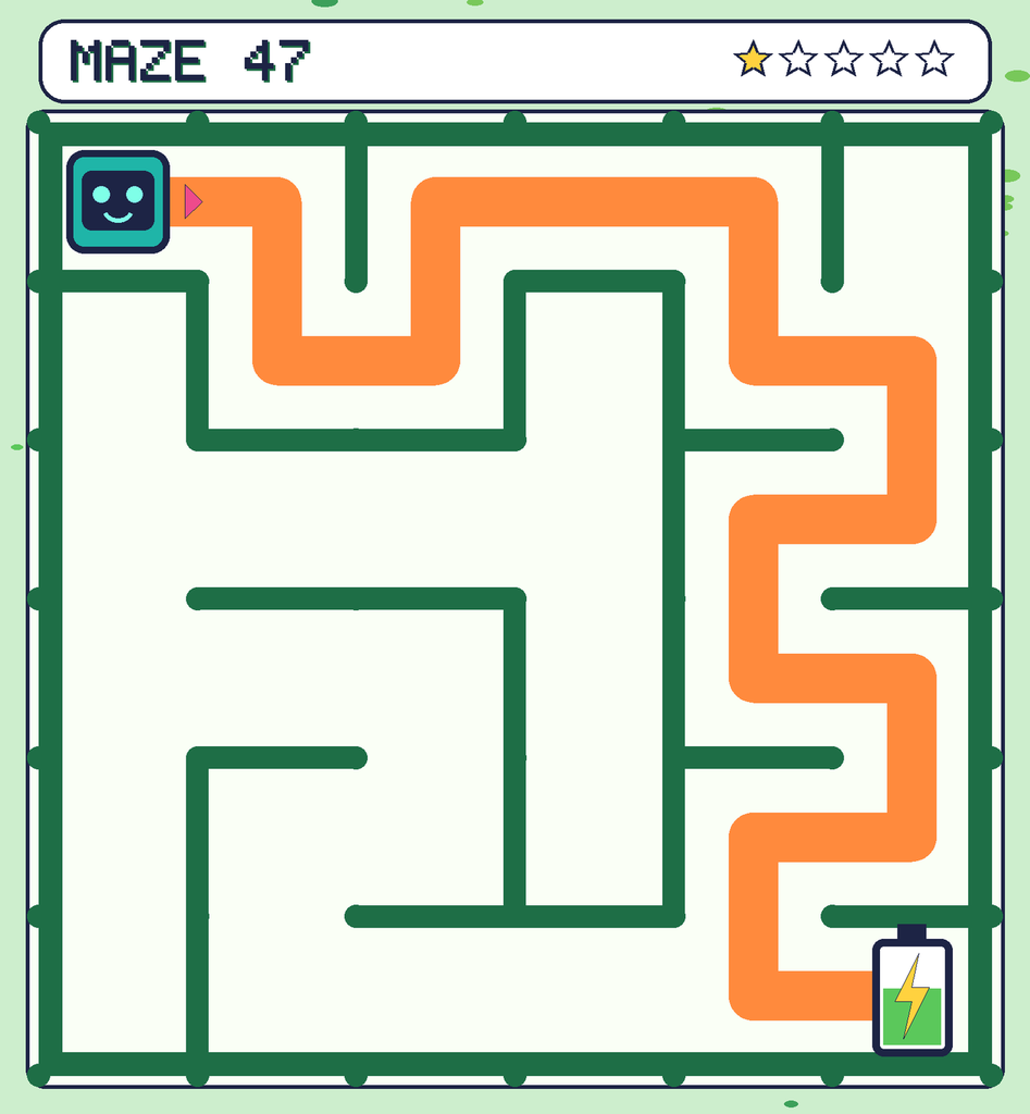 The solved maze 47 with the route drawn as an orange line.