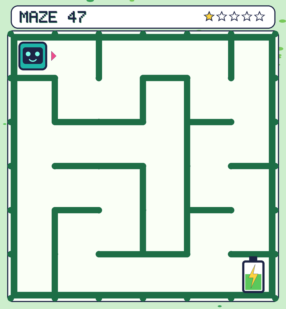 Maze 47. Beep starts in the top-left corner. The battery is in the bottom-right corner.