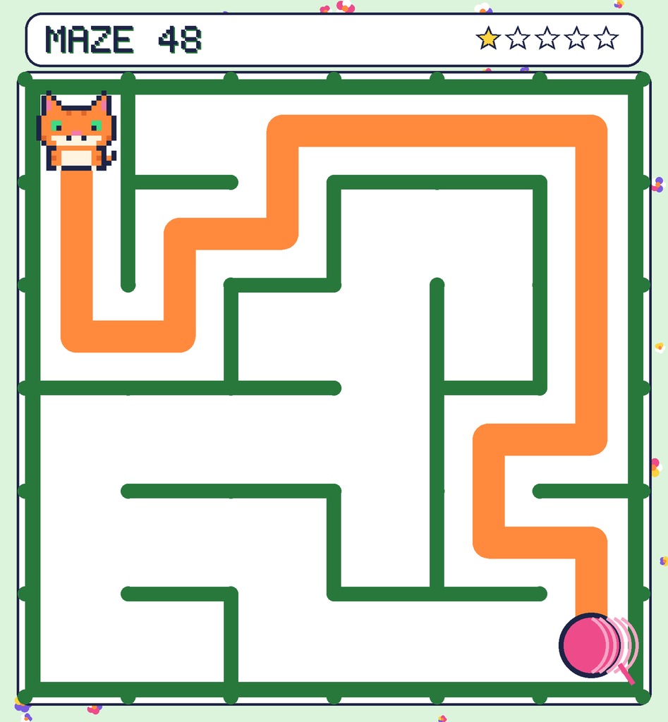 The solved maze 48 with the route drawn as an orange line.