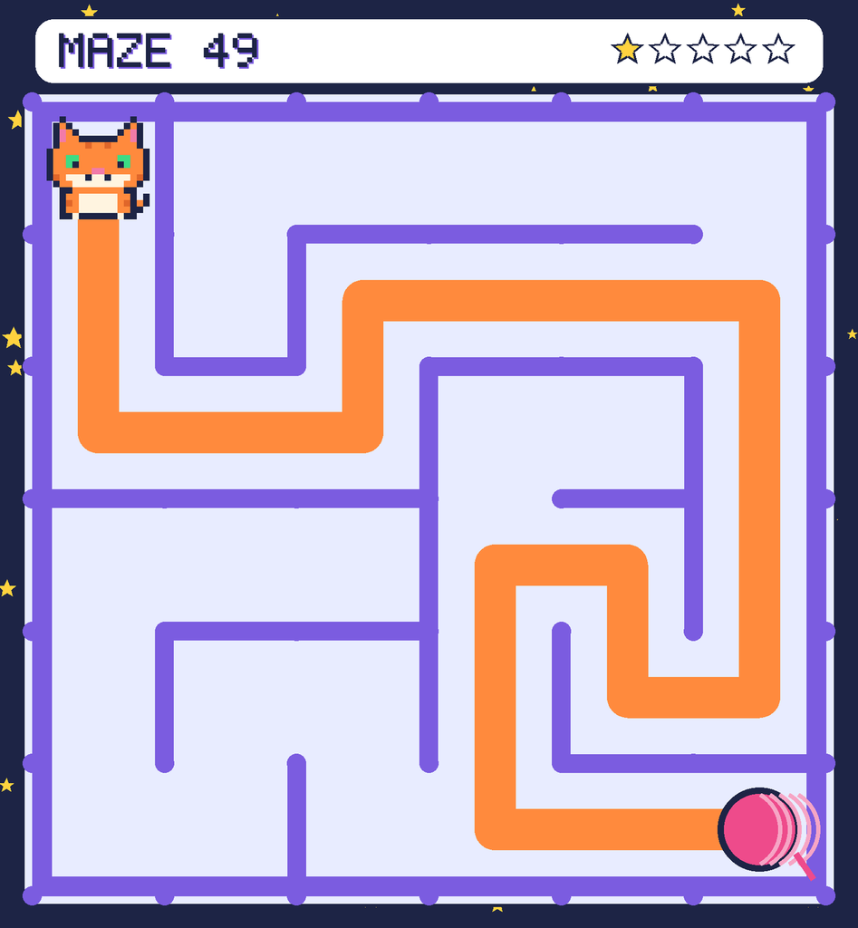 The solved maze 49 with the route drawn as an orange line.