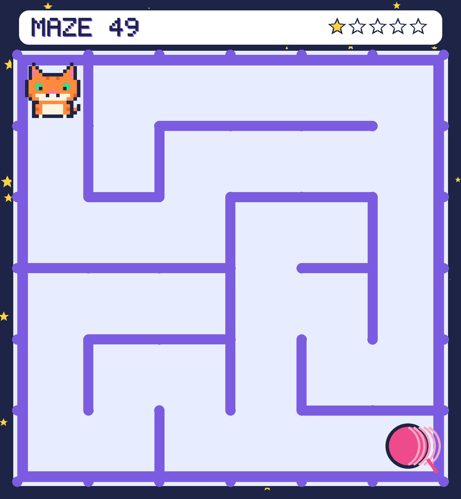 Maze 49. Pixel starts in the top-left corner. The ball of yarn is in the bottom-right corner.