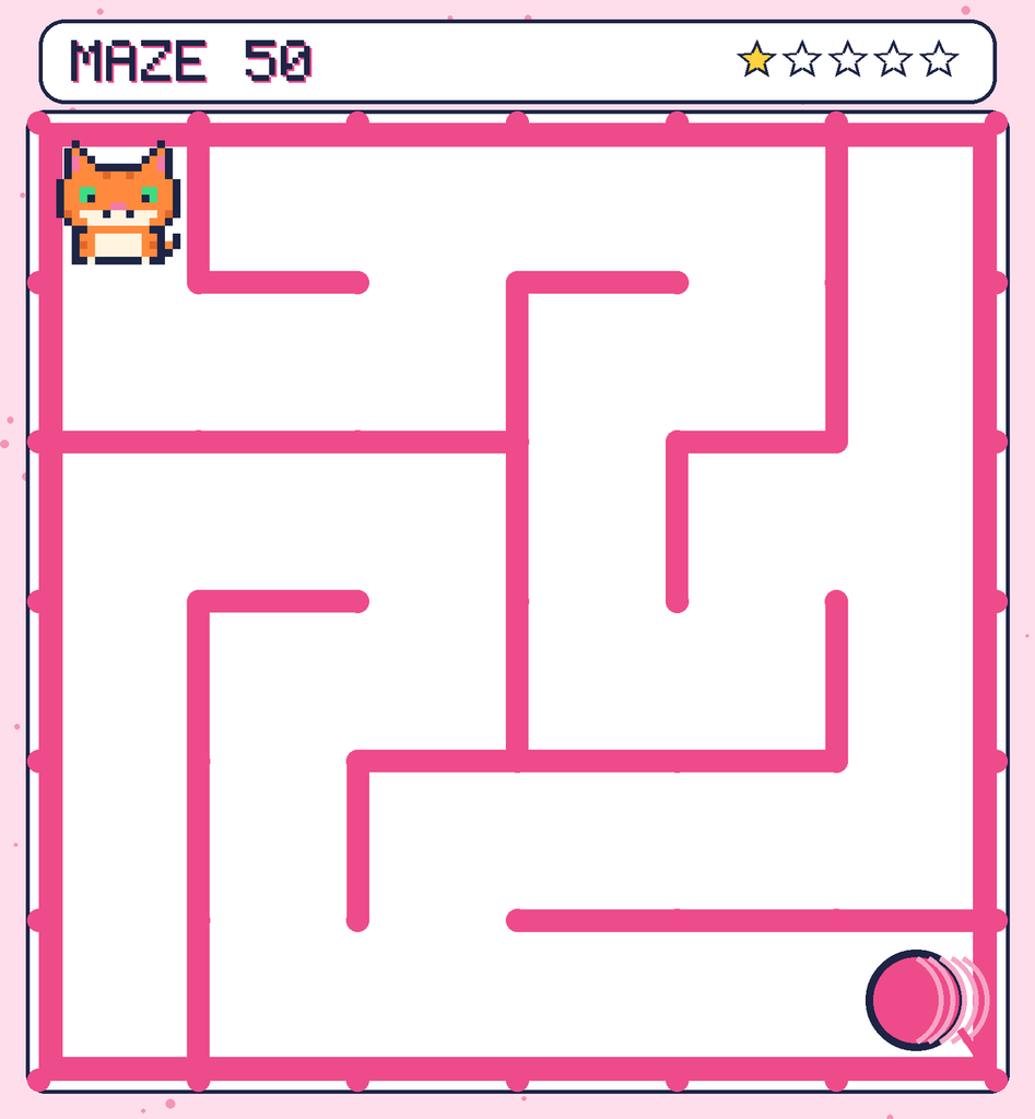Maze 50. Pixel starts in the top-left corner. The ball of yarn is in the bottom-right corner.