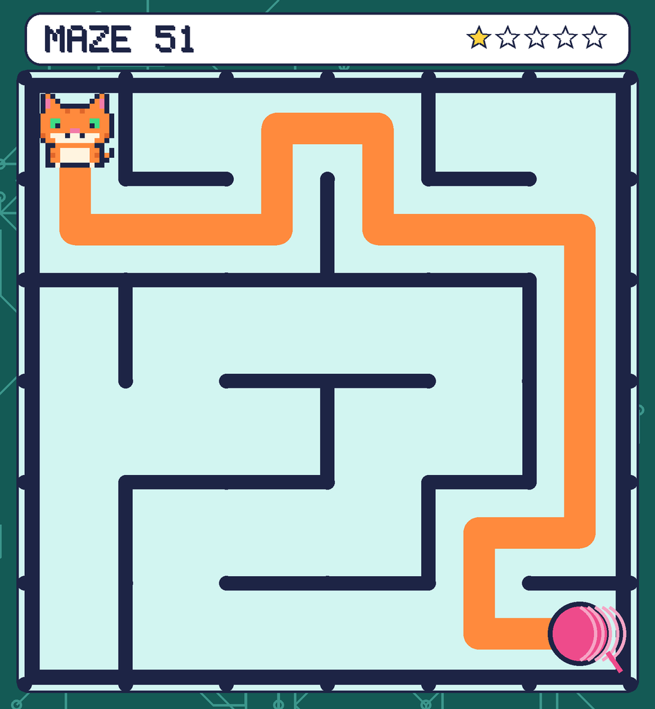 The solved maze 51 with the route drawn as an orange line.