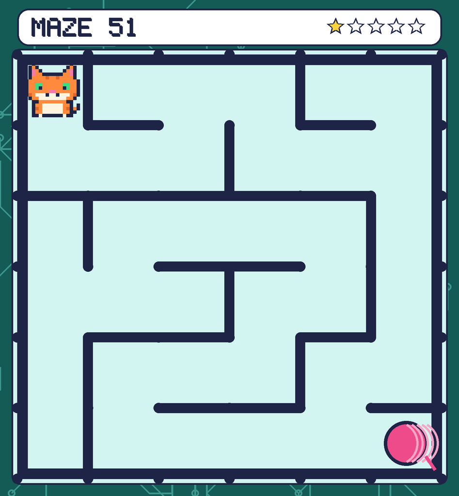 Maze 51. Pixel starts in the top-left corner. The ball of yarn is in the bottom-right corner.