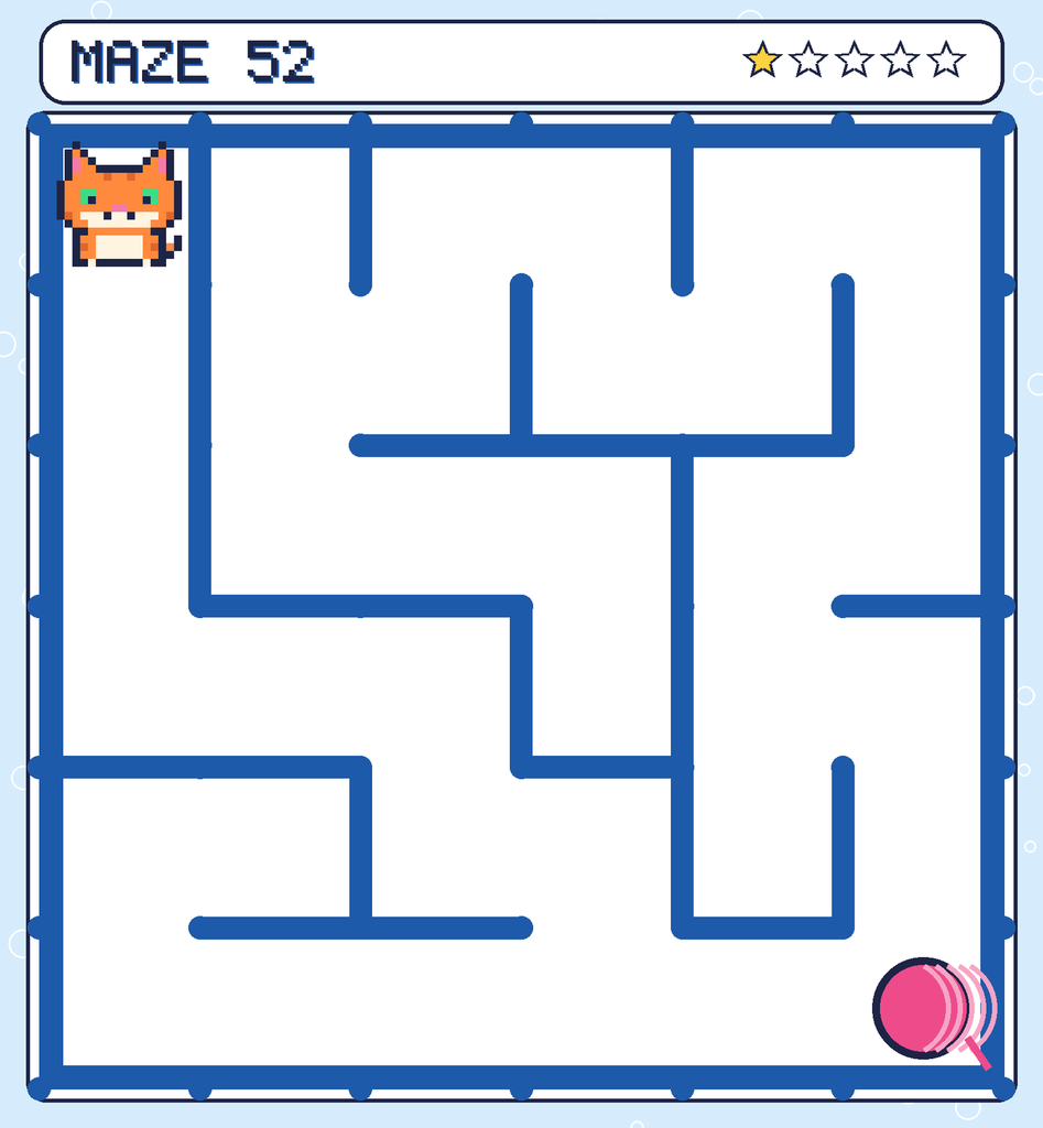 Maze 52. Pixel starts in the top-left corner. The ball of yarn is in the bottom-right corner.
