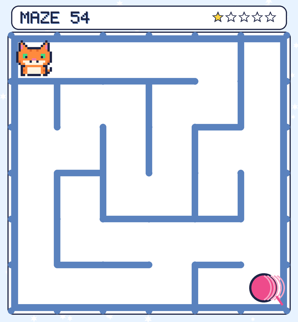 Maze 54. Pixel starts in the top-left corner. The ball of yarn is in the bottom-right corner.
