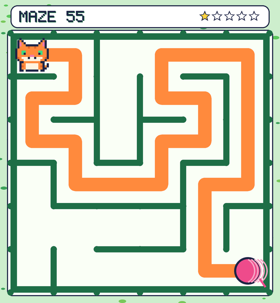 The solved maze 55 with the route drawn as an orange line.