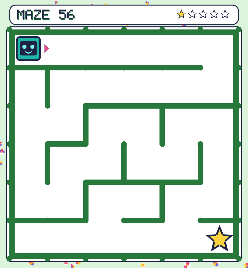 Maze 56. Beep starts in the top-left corner. The gold star is in the bottom-right corner.