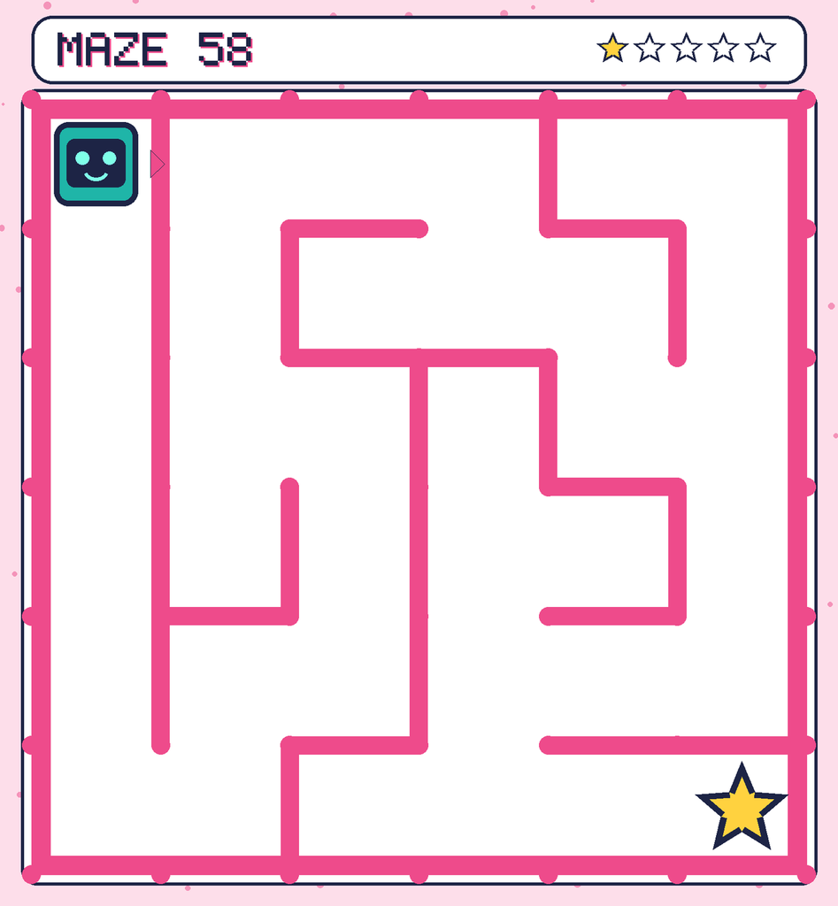 Maze 58. Beep starts in the top-left corner. The gold star is in the bottom-right corner.