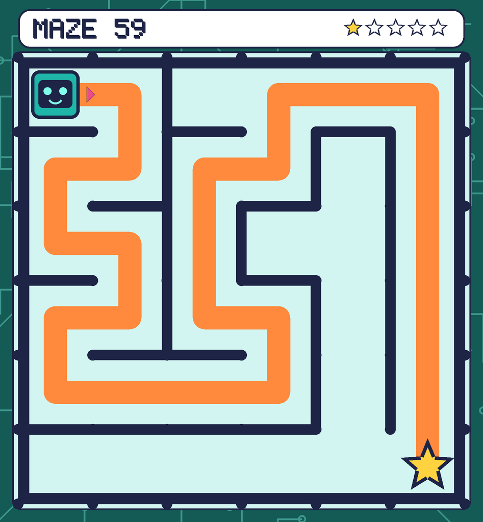 The solved maze 59 with the route drawn as an orange line.
