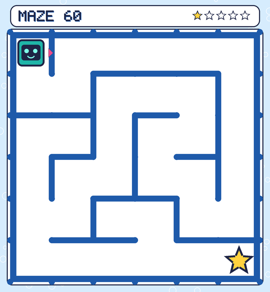 Maze 60. Beep starts in the top-left corner. The gold star is in the bottom-right corner.