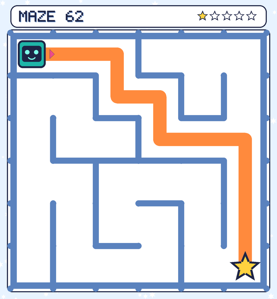 The solved maze 62 with the route drawn as an orange line.