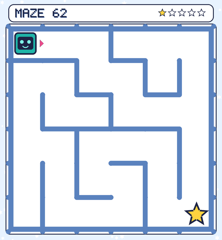 Maze 62. Beep starts in the top-left corner. The gold star is in the bottom-right corner.