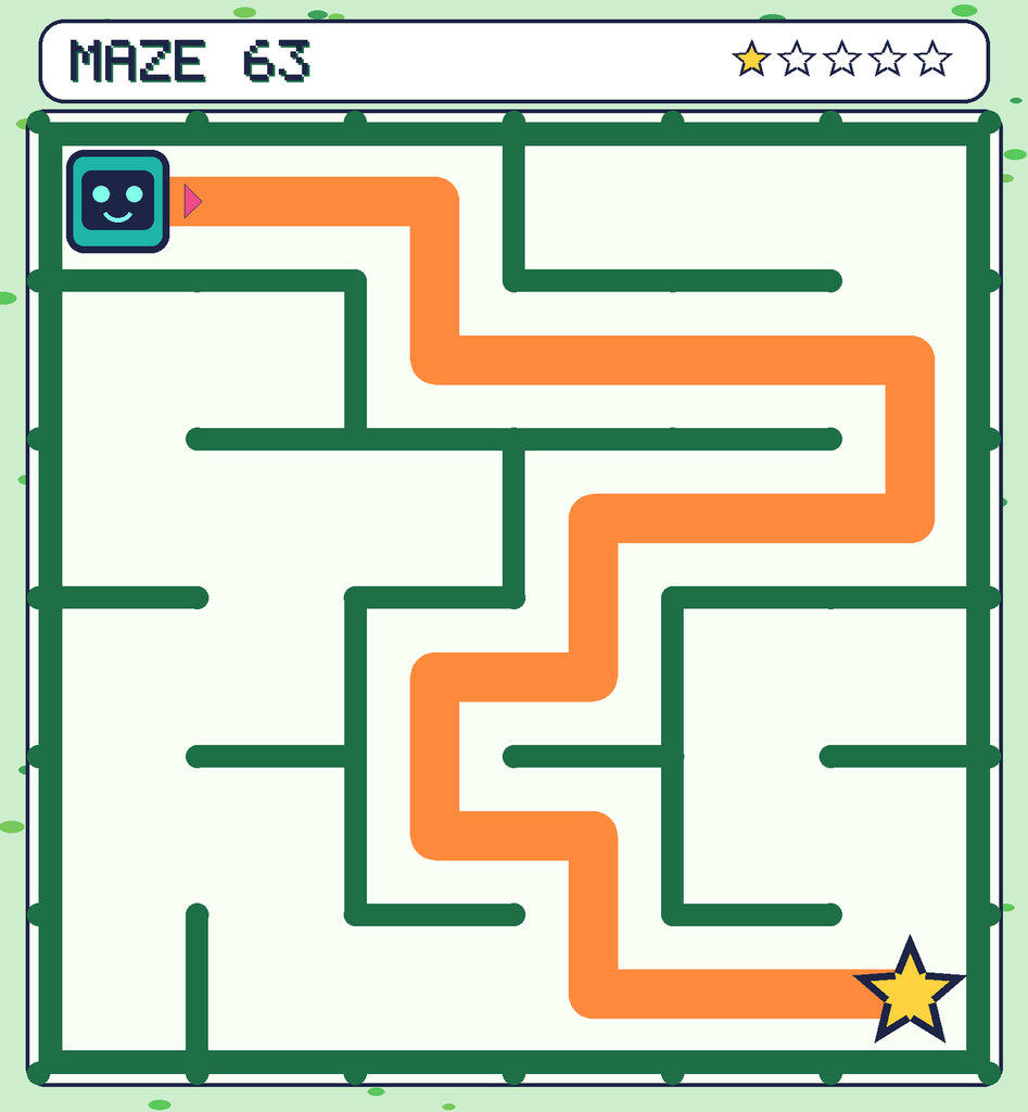 The solved maze 63 with the route drawn as an orange line.