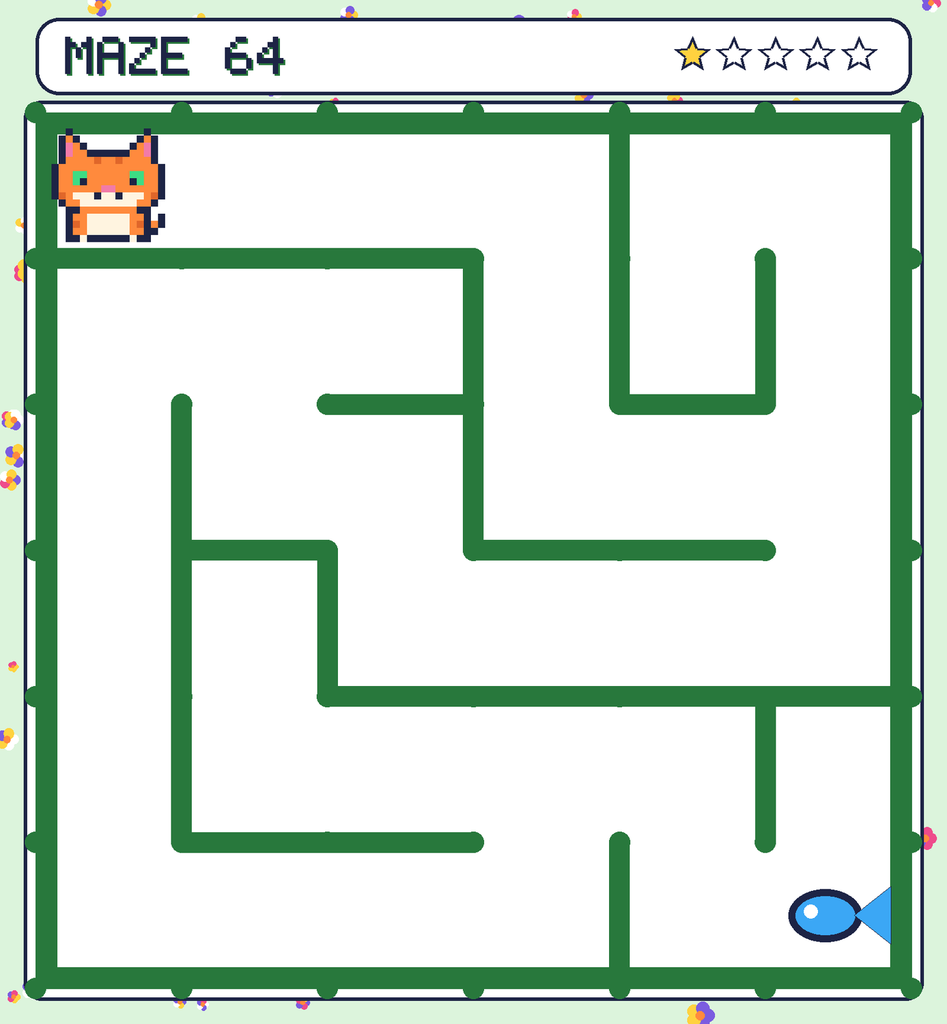 Maze 64. Pixel starts in the top-left corner. The fish is in the bottom-right corner.