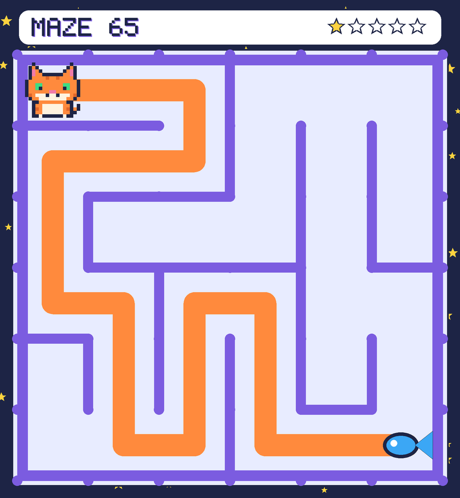The solved maze 65 with the route drawn as an orange line.