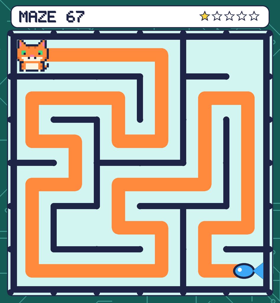The solved maze 67 with the route drawn as an orange line.