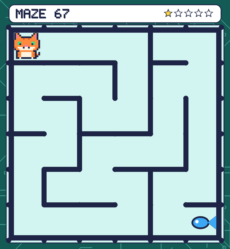 Maze 67. Pixel starts in the top-left corner. The fish is in the bottom-right corner.