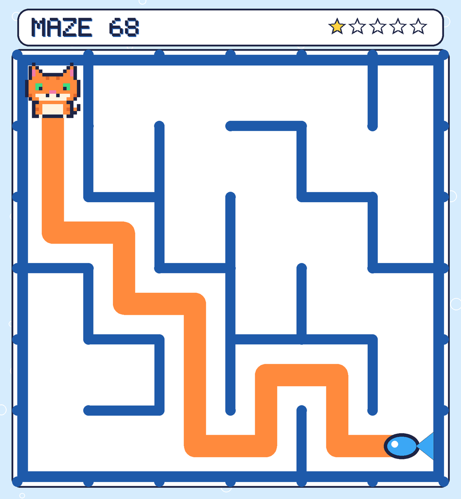 The solved maze 68 with the route drawn as an orange line.