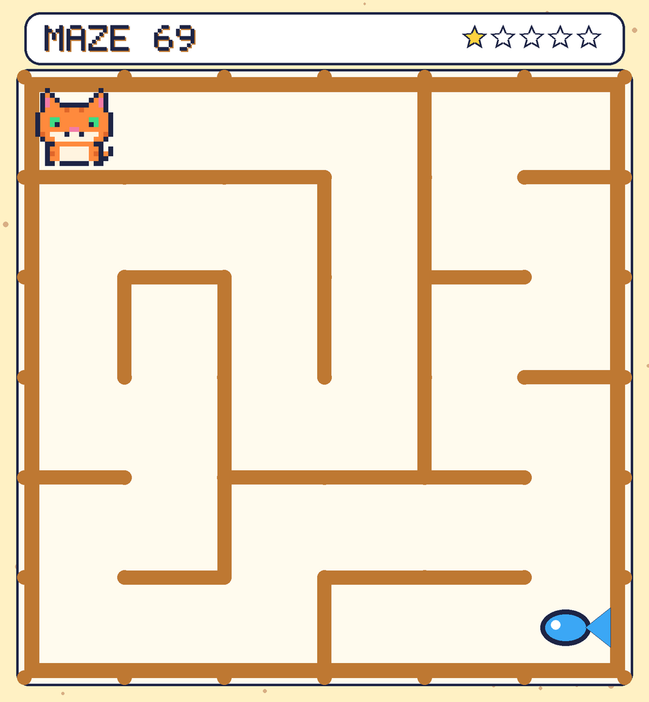 Maze 69. Pixel starts in the top-left corner. The fish is in the bottom-right corner.