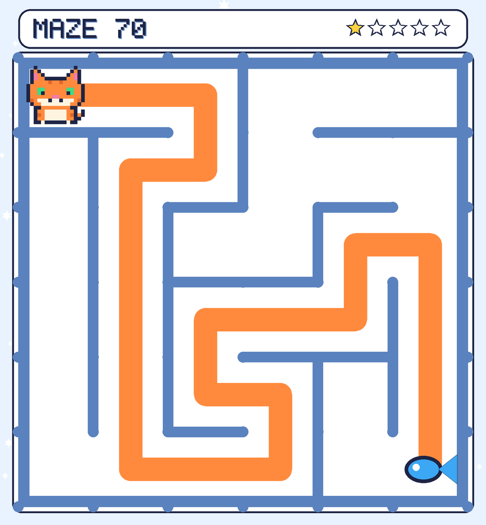 The solved maze 70 with the route drawn as an orange line.