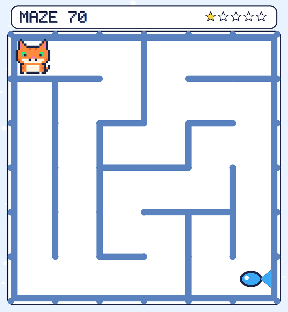 Maze 70. Pixel starts in the top-left corner. The fish is in the bottom-right corner.