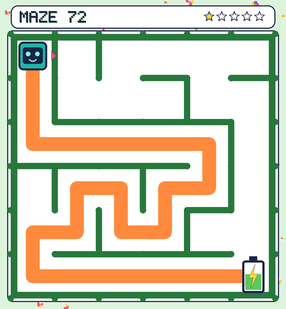 The solved maze 72 with the route drawn as an orange line.