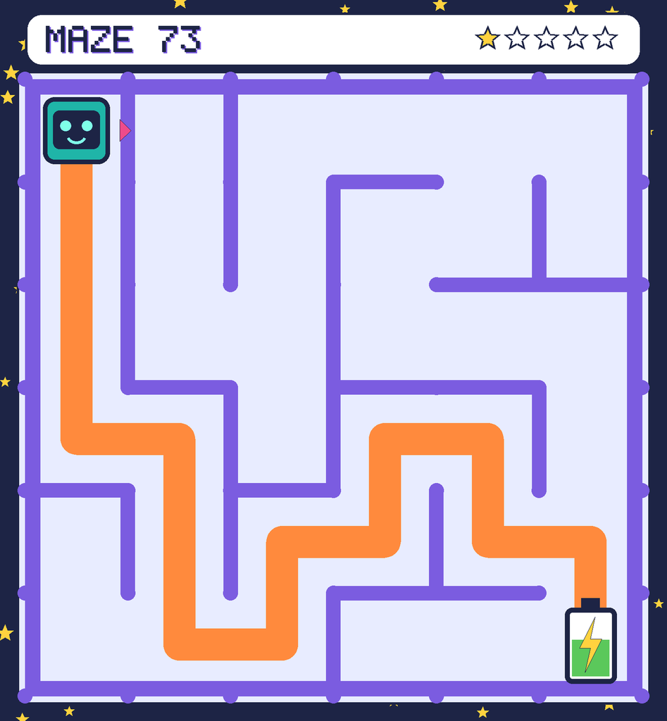 The solved maze 73 with the route drawn as an orange line.