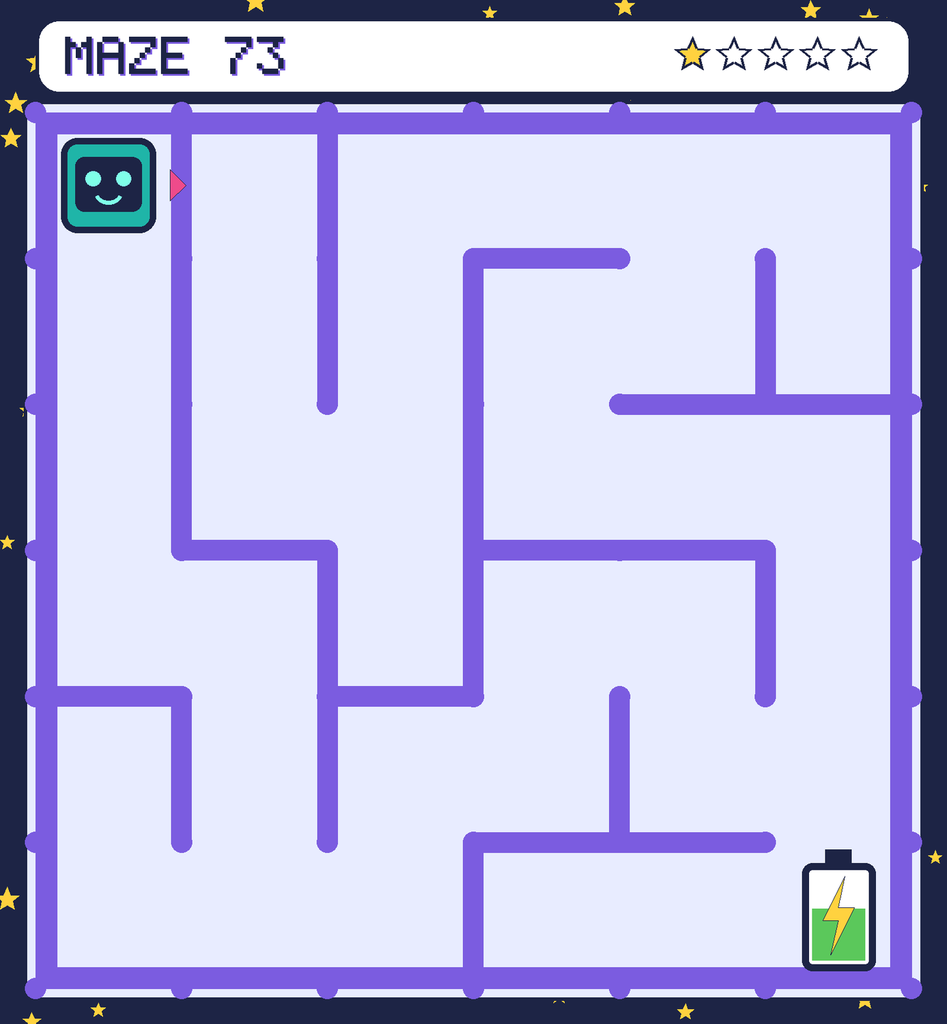Maze 73. Beep starts in the top-left corner. The battery is in the bottom-right corner.