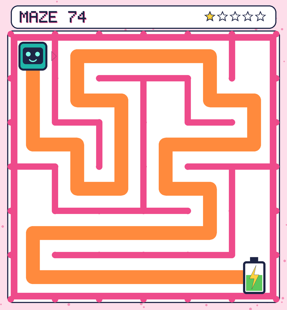 The solved maze 74 with the route drawn as an orange line.