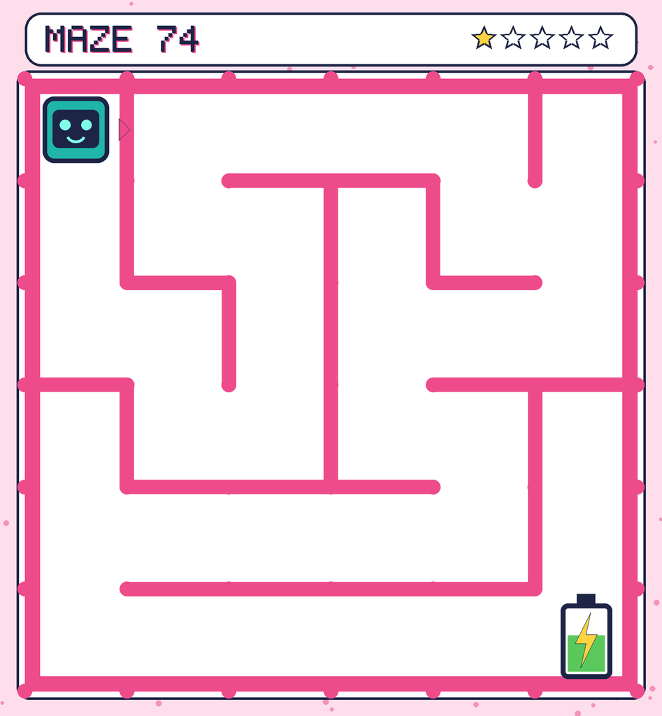 Maze 74. Beep starts in the top-left corner. The battery is in the bottom-right corner.