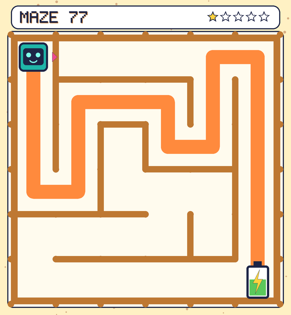 The solved maze 77 with the route drawn as an orange line.