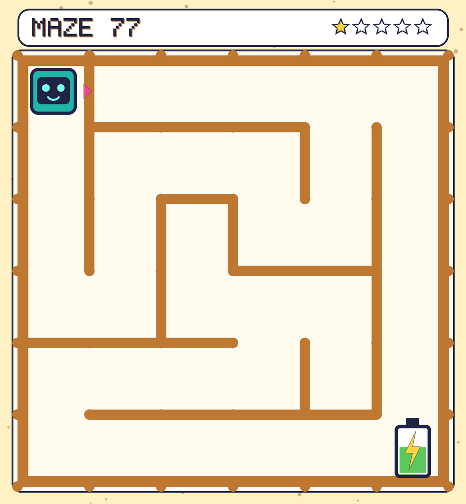 Maze 77. Beep starts in the top-left corner. The battery is in the bottom-right corner.