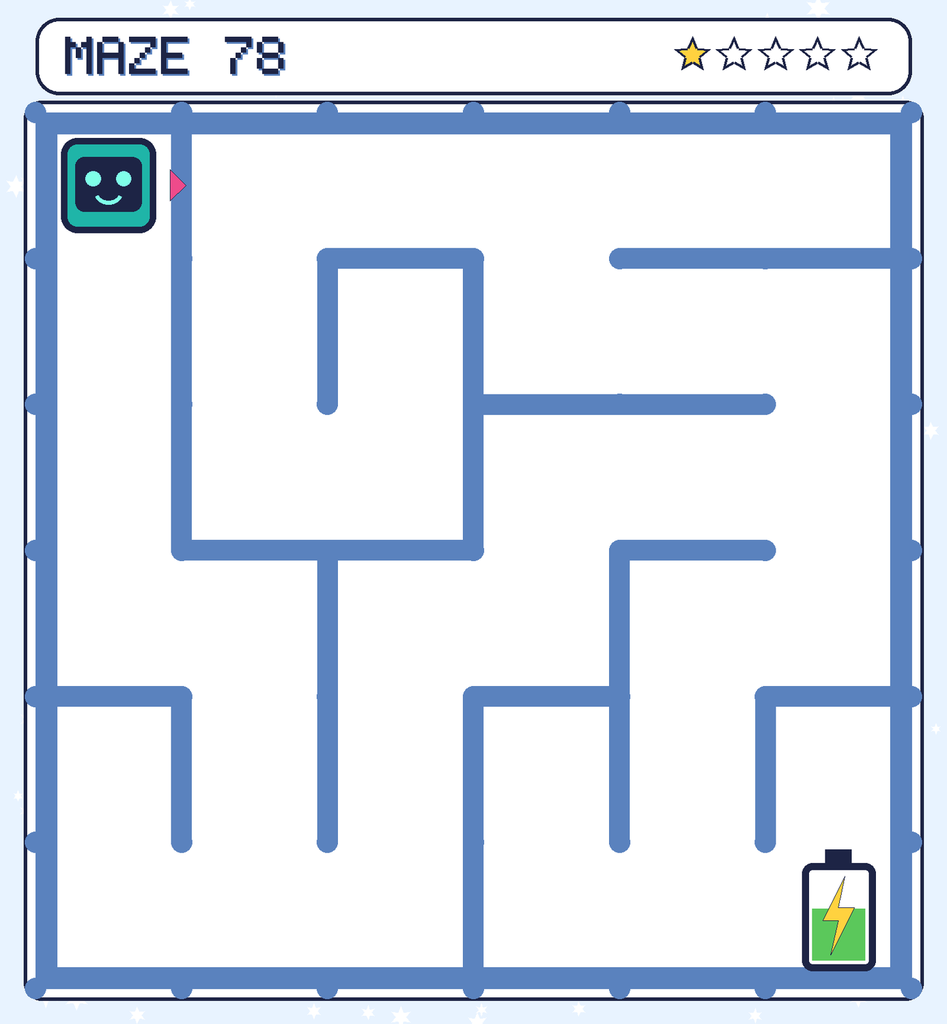 Maze 78. Beep starts in the top-left corner. The battery is in the bottom-right corner.