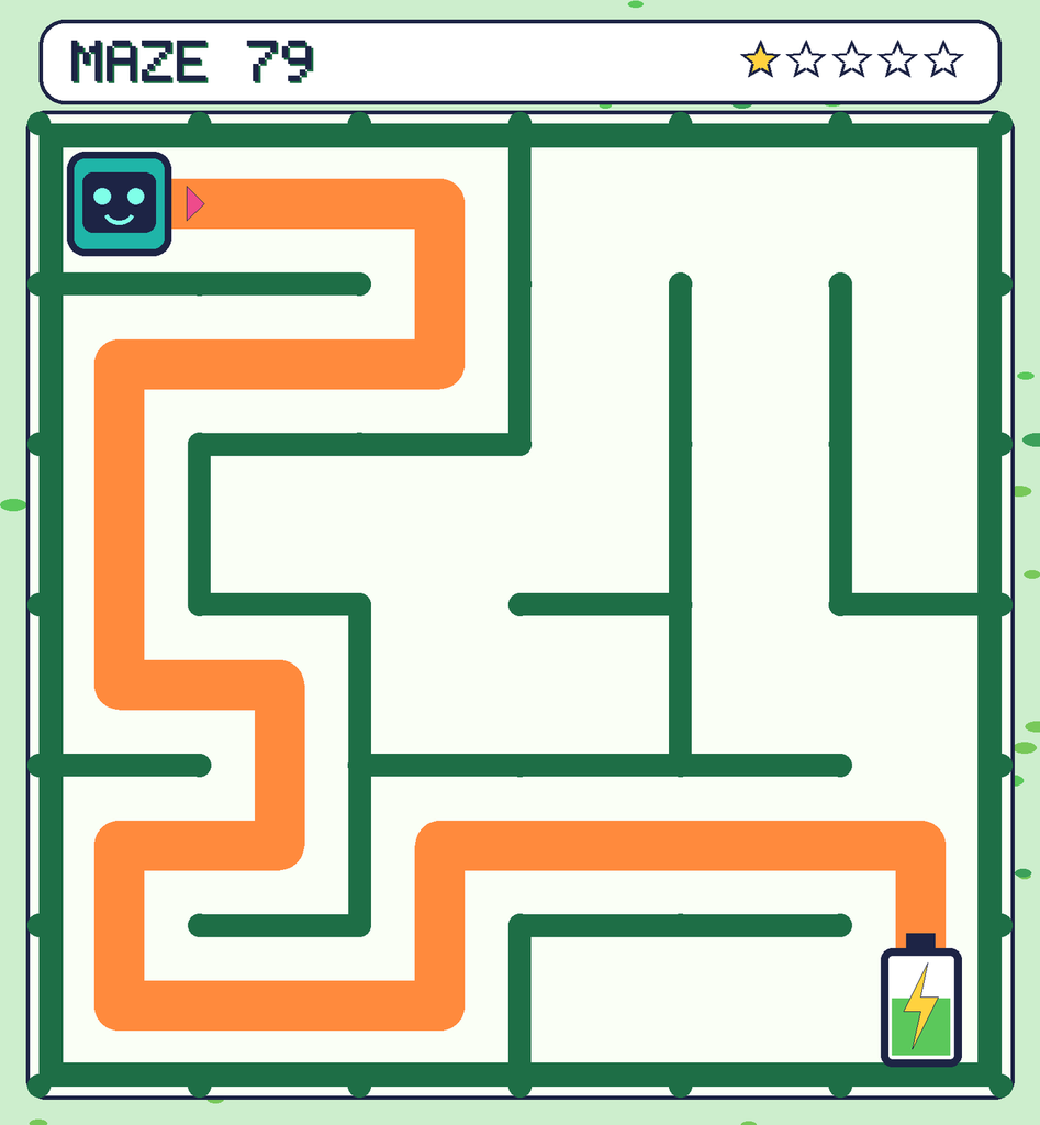 The solved maze 79 with the route drawn as an orange line.