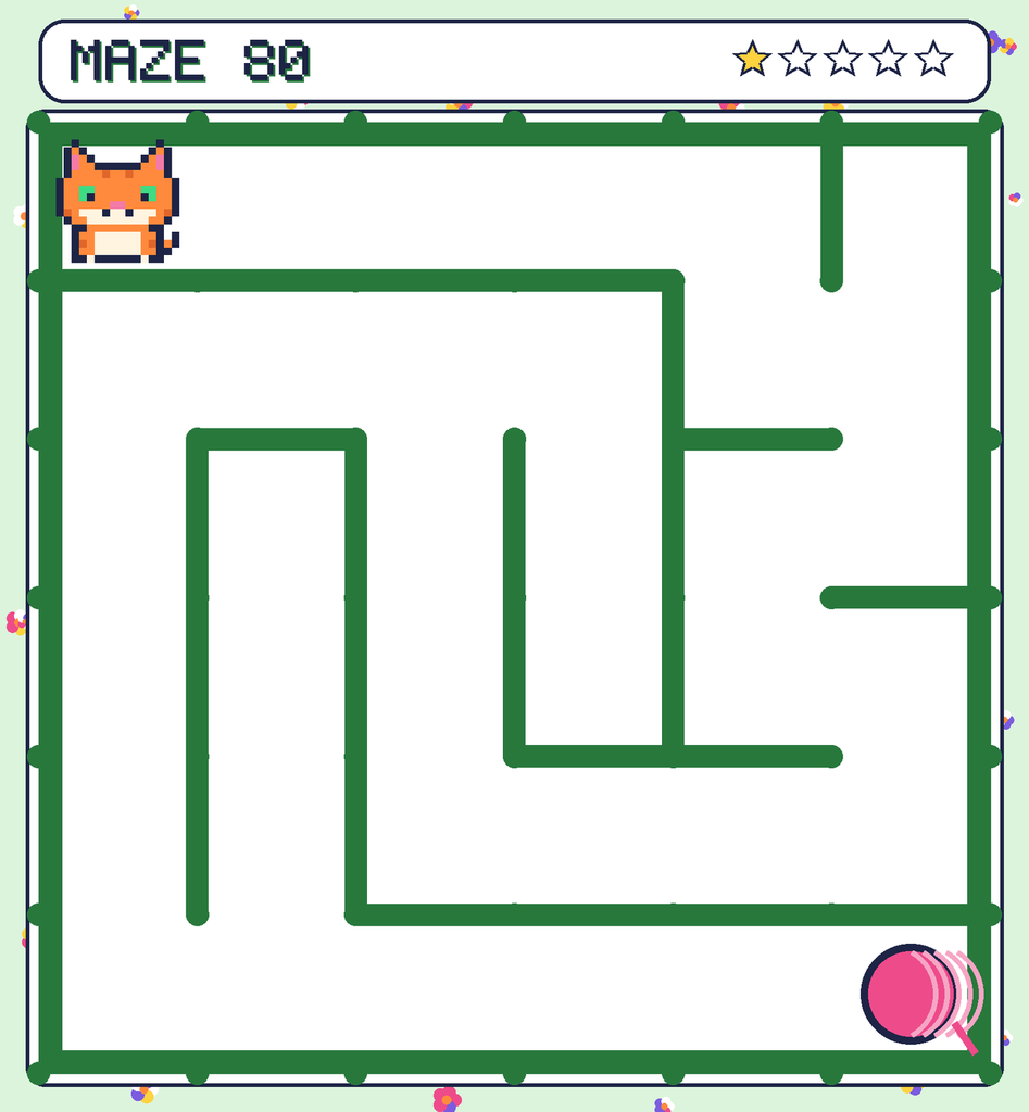 Maze 80. Pixel starts in the top-left corner. The ball of yarn is in the bottom-right corner.