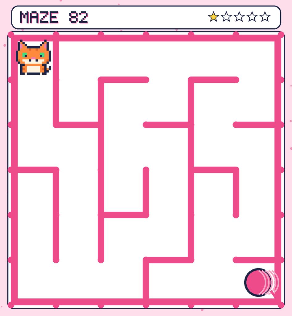Maze 82. Pixel starts in the top-left corner. The ball of yarn is in the bottom-right corner.