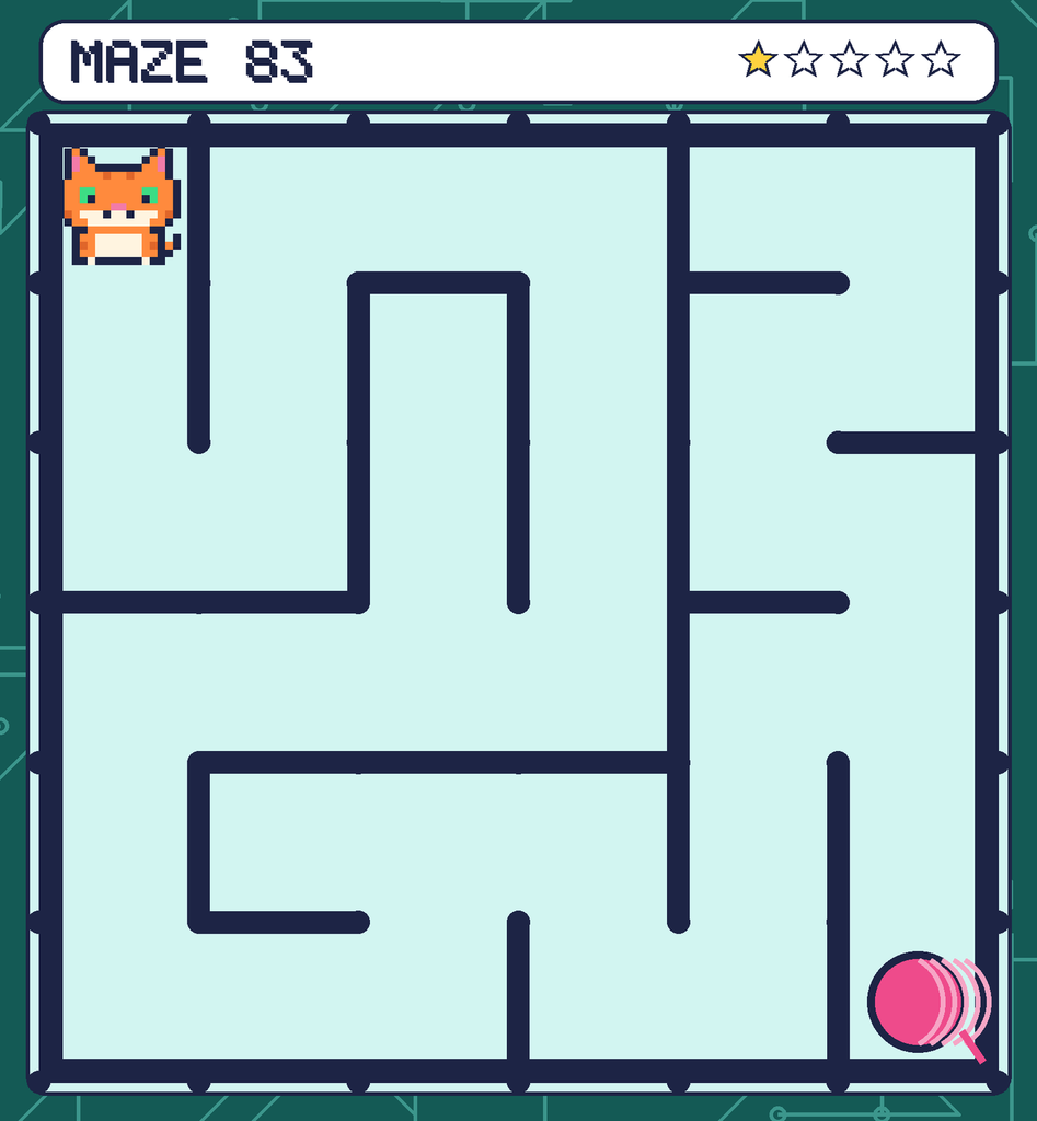 Maze 83. Pixel starts in the top-left corner. The ball of yarn is in the bottom-right corner.