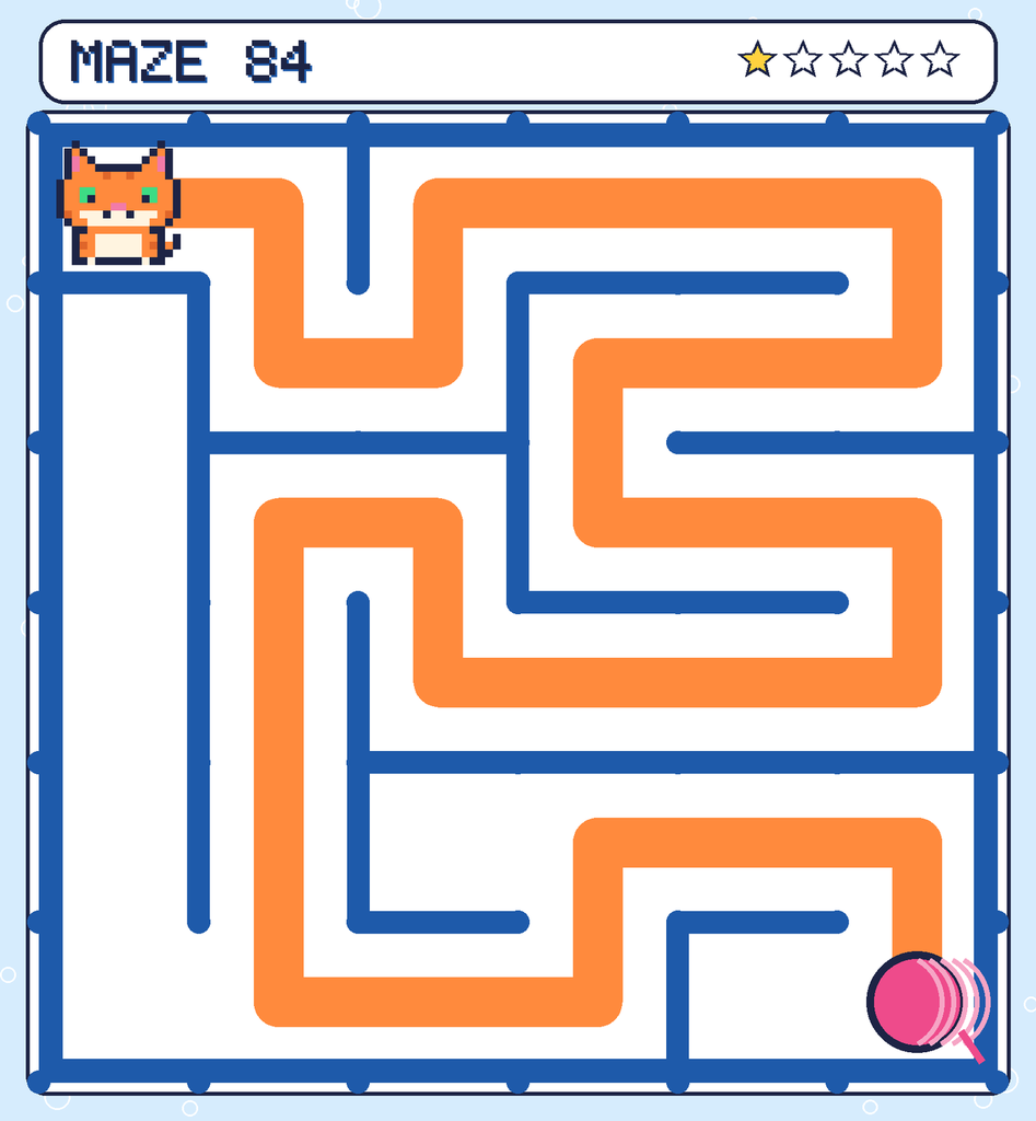 The solved maze 84 with the route drawn as an orange line.