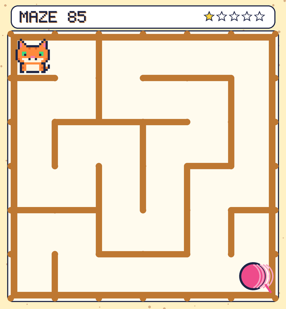 Maze 85. Pixel starts in the top-left corner. The ball of yarn is in the bottom-right corner.