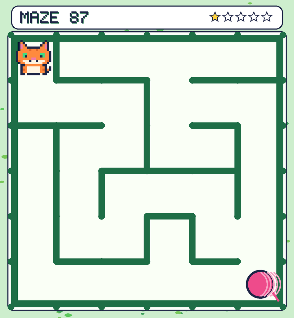 Maze 87. Pixel starts in the top-left corner. The ball of yarn is in the bottom-right corner.