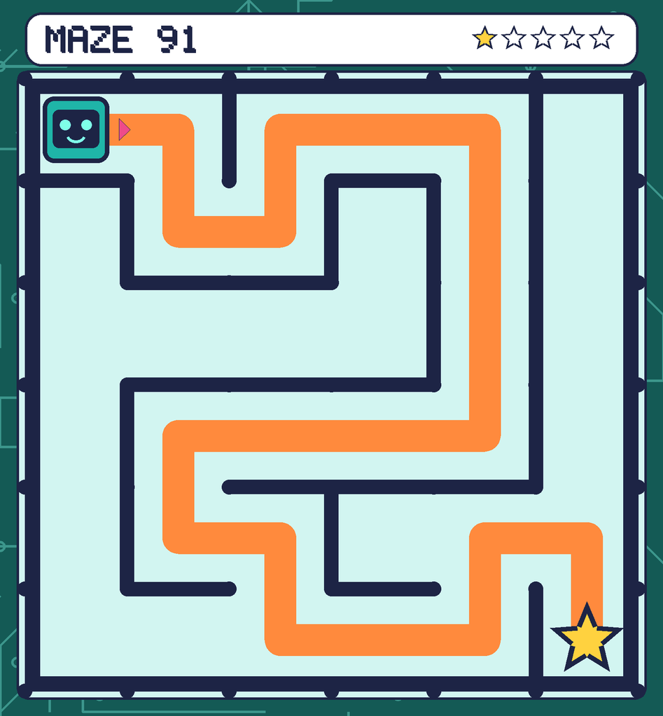 The solved maze 91 with the route drawn as an orange line.