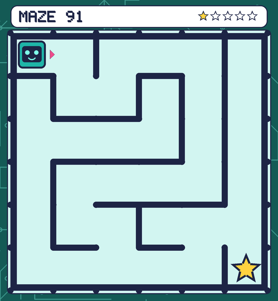 Maze 91. Beep starts in the top-left corner. The gold star is in the bottom-right corner.