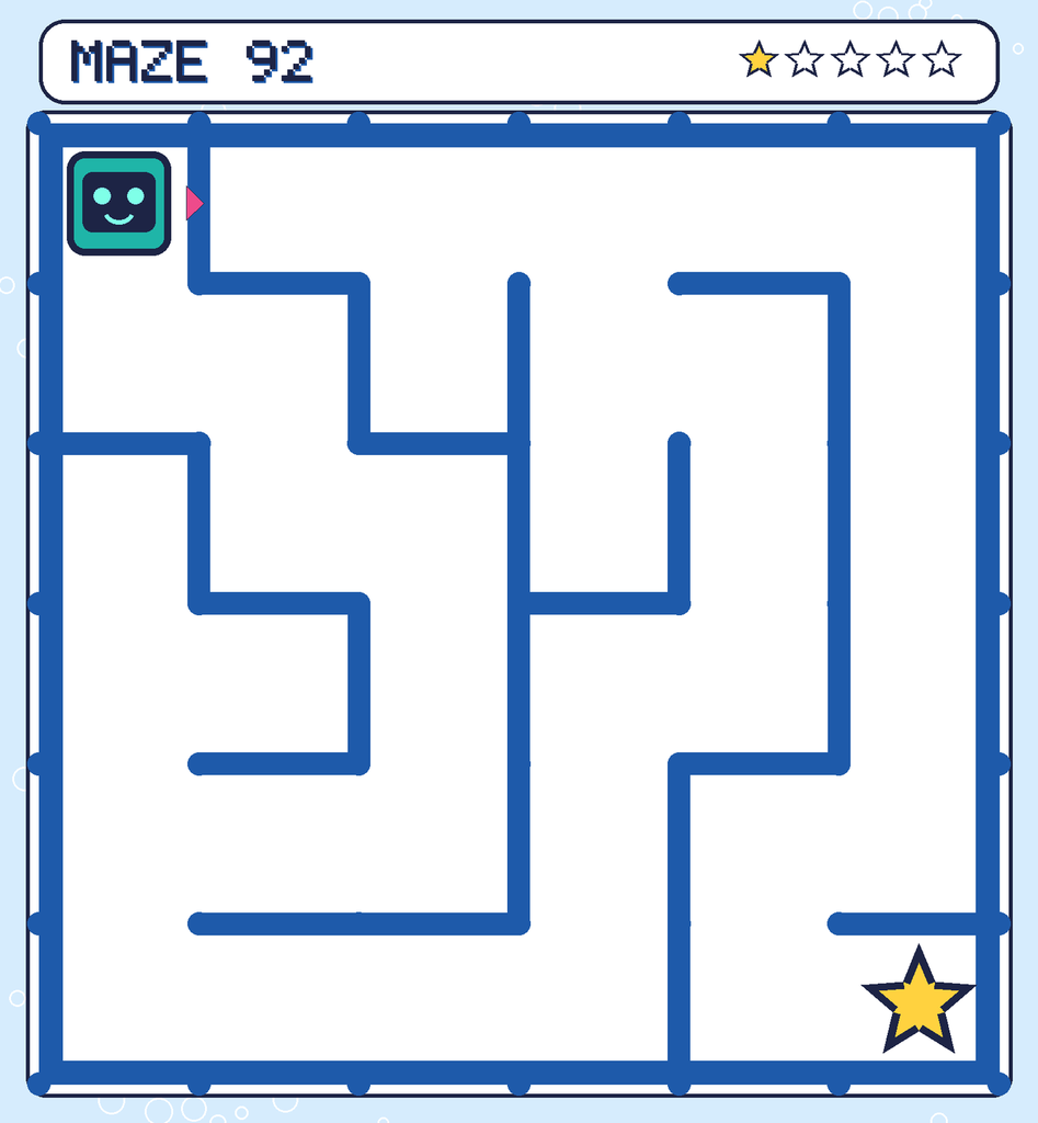 Maze 92. Beep starts in the top-left corner. The gold star is in the bottom-right corner.