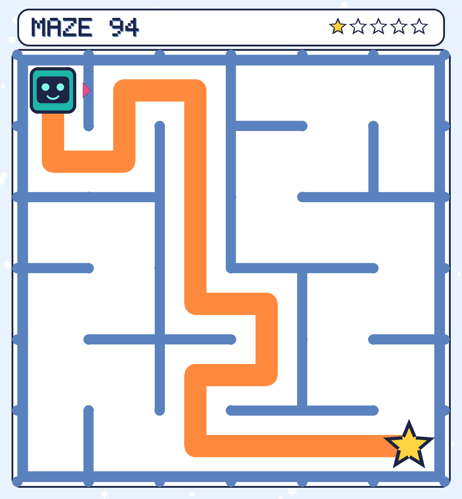 The solved maze 94 with the route drawn as an orange line.